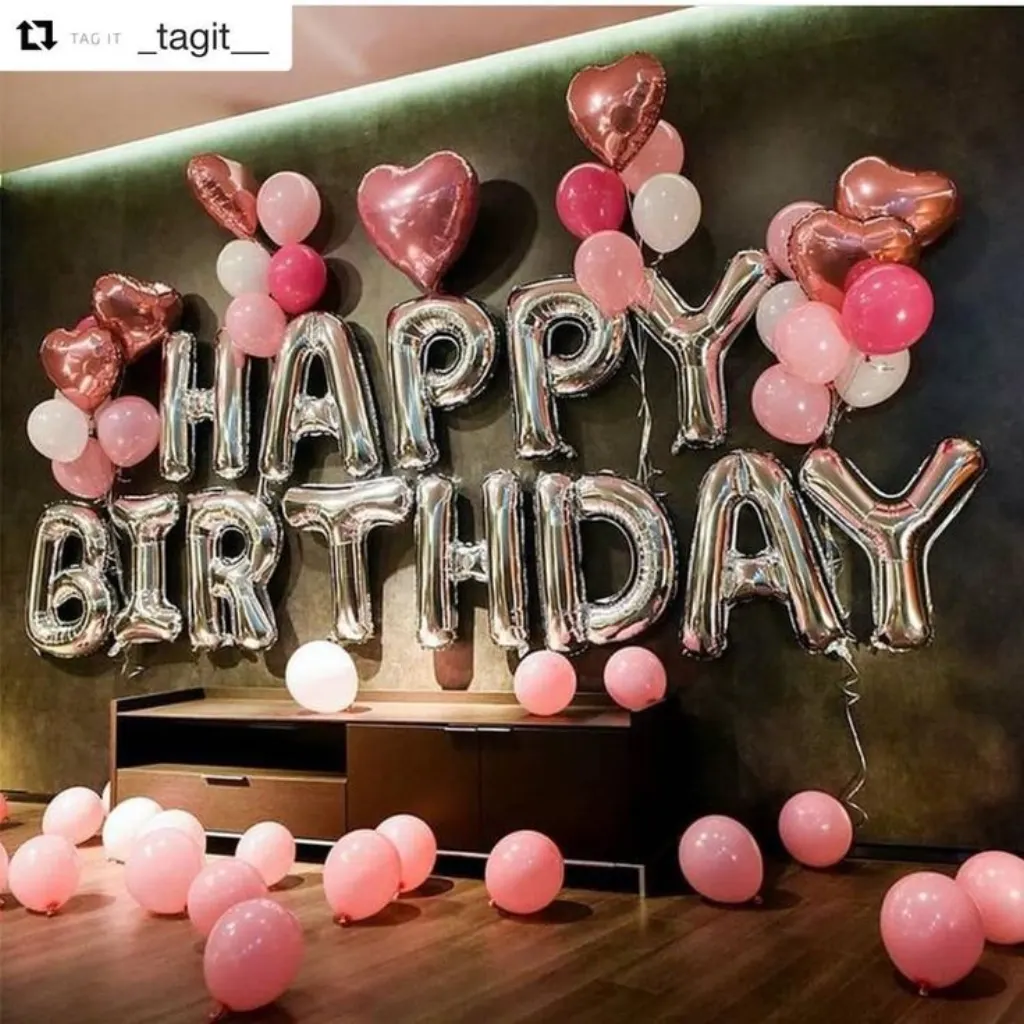 Sur Pinterest Silver Happy Birthday decoration with pink balloon bouquet | Birthday