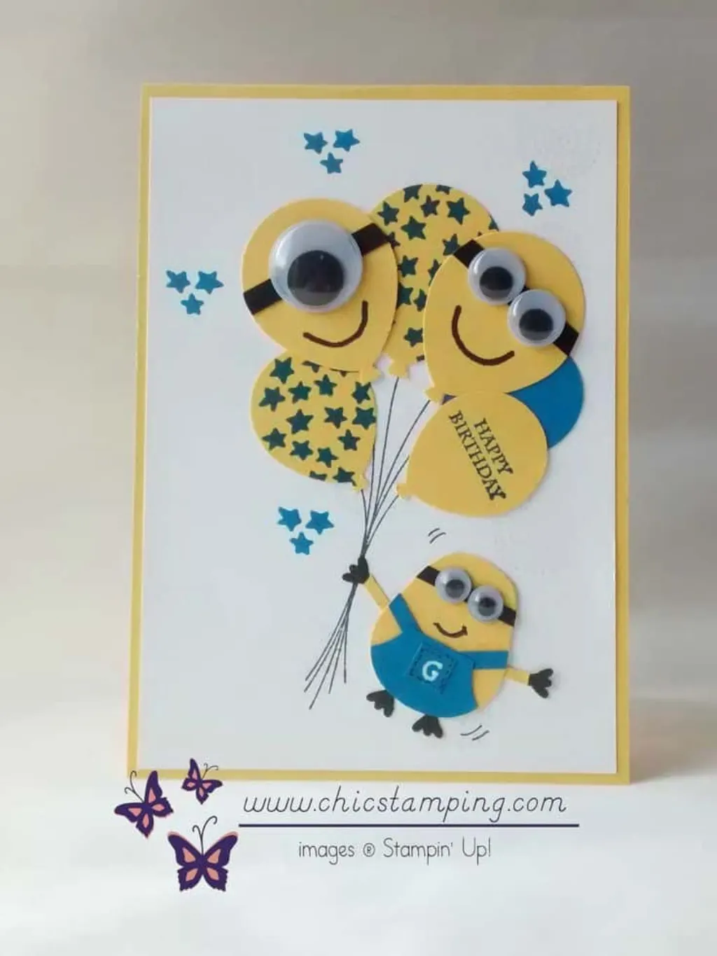 Sur Pinterest Minion birthday card using the Balloon Bouquet and Owl Builder Punch.