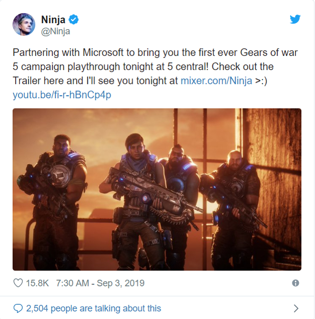Ninja annonce Gears 5 Stream sur Twitter